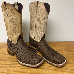 Cavender's Men's Bone and Chocolate Ostrich Print Wide Square Toe Cowboy Boots
